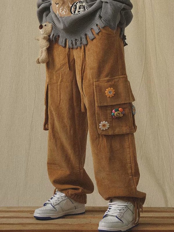 2022 Pantaloni da uomo in velluto a coste con decorazioni floreali Caffè M  In Pantaloni Online Store. Best For Sale | Emmiol.com