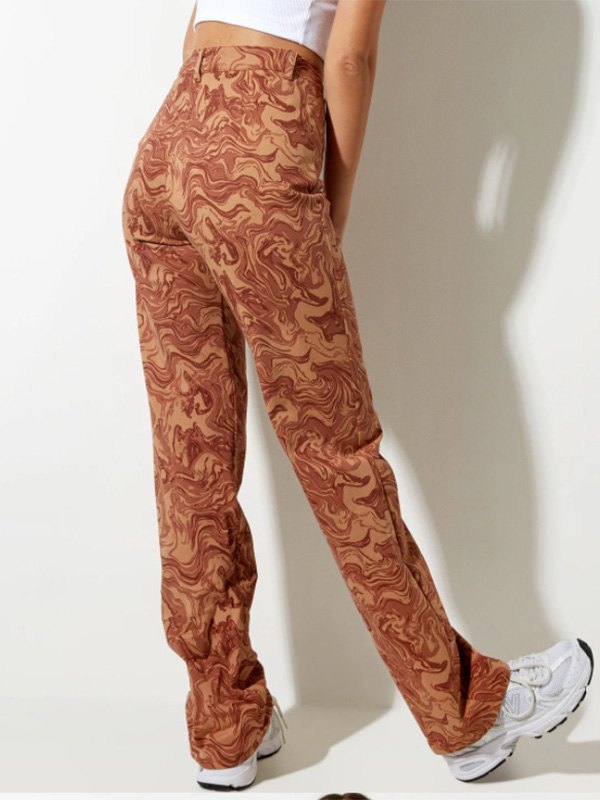 Ellyson Beige Marble Printed Full-length Straight Leg Pants