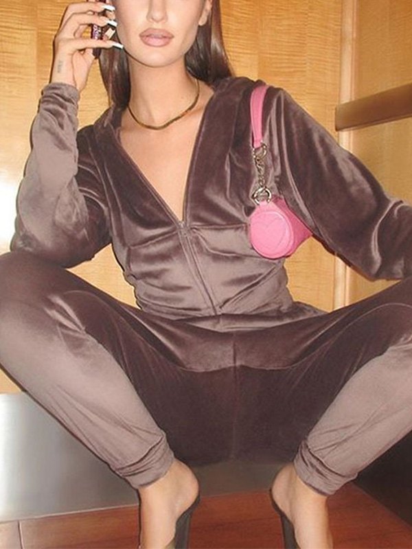 EMMIOL Velvet Long Sleeve Hooded Tracksuit Set