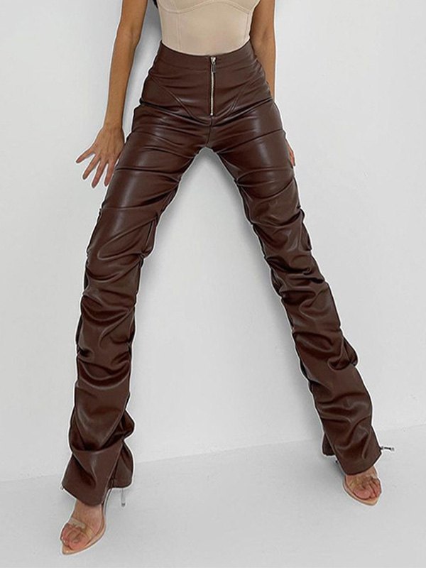 Emmiol Free shipping 2023 Stacked Pu Leather Pants Brown L in Leather