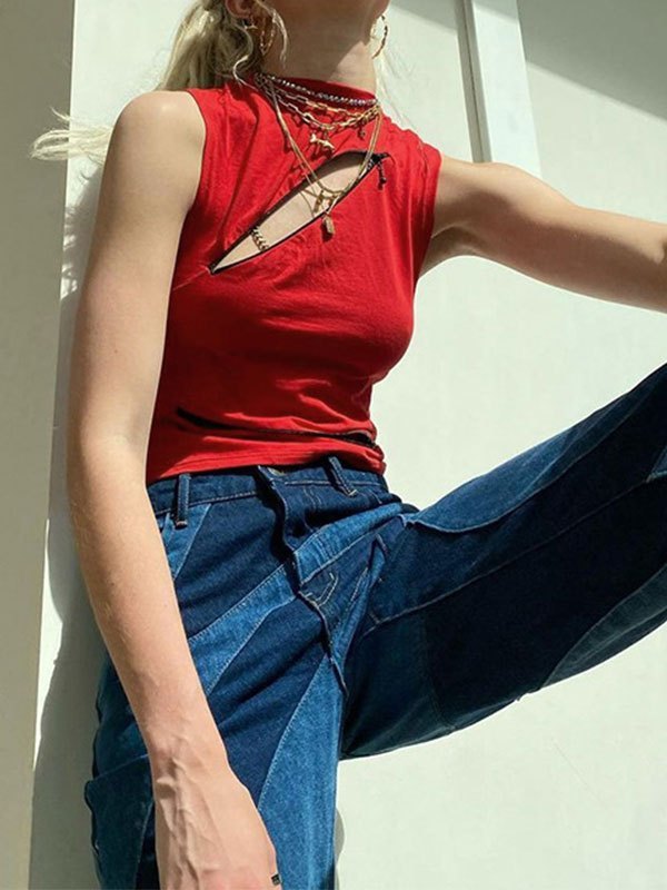 Emmiol Free shipping 2023 Zipper Detail Crop Tank Top Red M in Tank