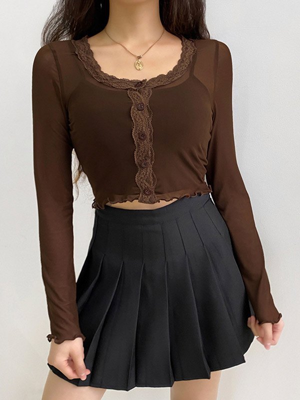 Emmiol Free shipping 2023 Mesh Long Sleeve Button Crop Top Brown S in