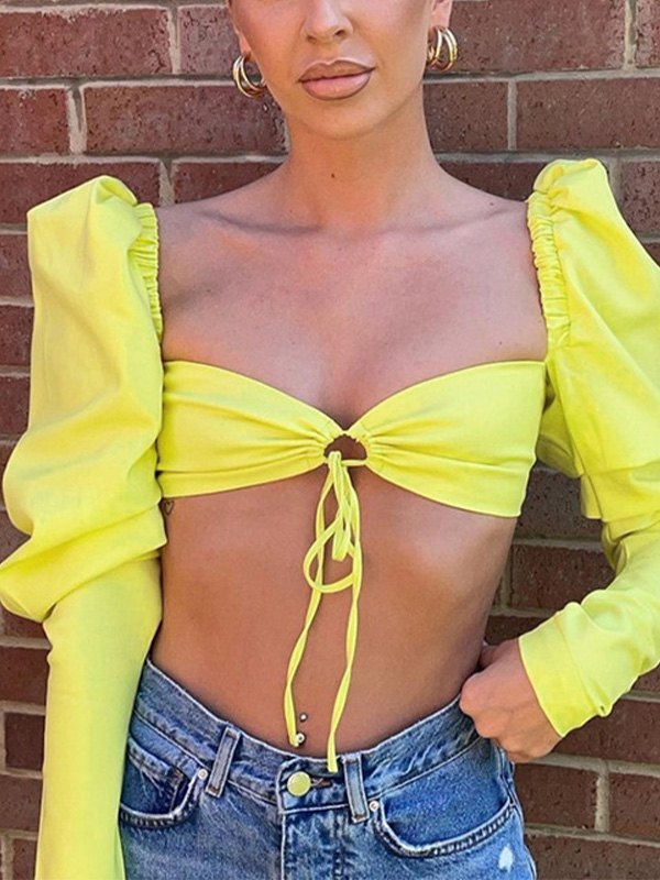 EMMIOL Blusa corta con mangas abullonadas y cordones