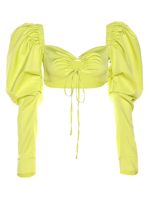 EMMIOL Blusa corta con mangas abullonadas y cordones