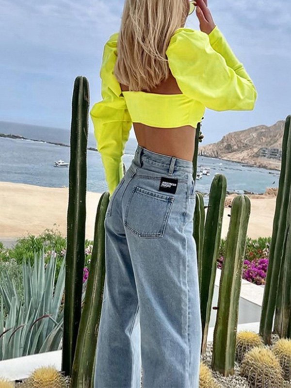 EMMIOL Blusa corta con mangas abullonadas y cordones