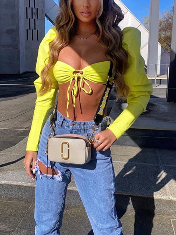 EMMIOL Blusa corta con mangas abullonadas y cordones