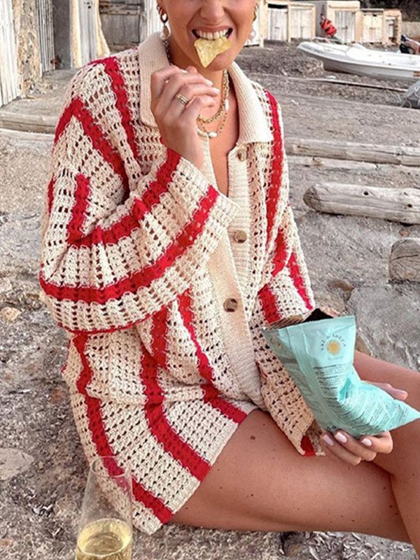 EMMIOL Polo Neck Striped Crochet Knit Cardigan