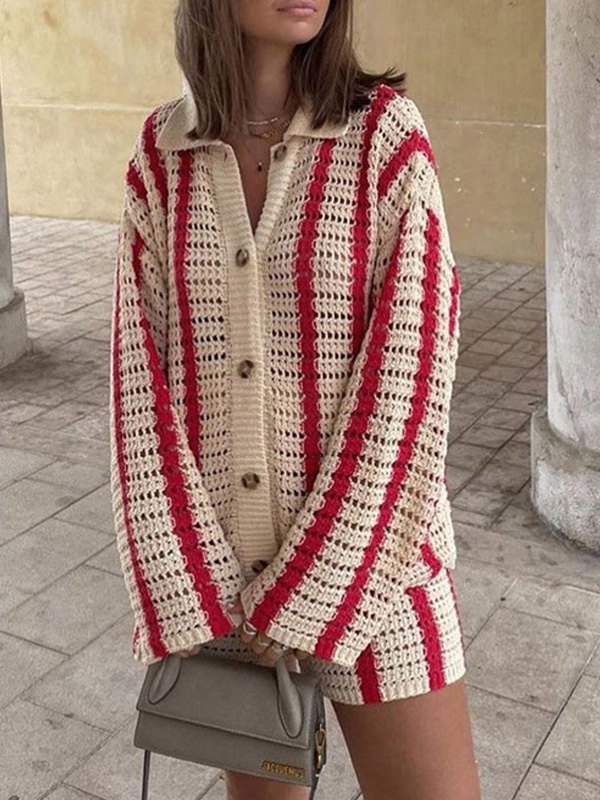 EMMIOL Polo Neck Striped Crochet Knit Cardigan