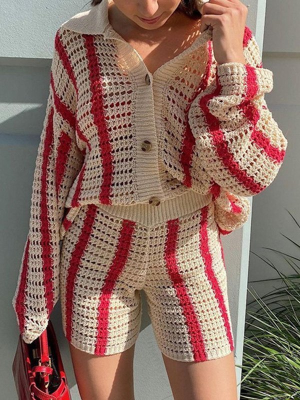 EMMIOL Polo Neck Striped Crochet Knit Cardigan