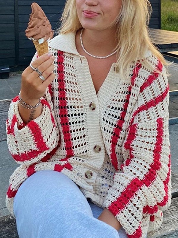 EMMIOL Polo Neck Striped Crochet Knit Cardigan