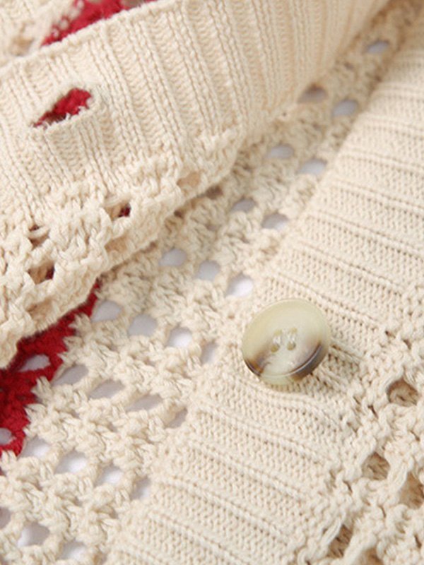 EMMIOL Polo Neck Striped Crochet Knit Cardigan