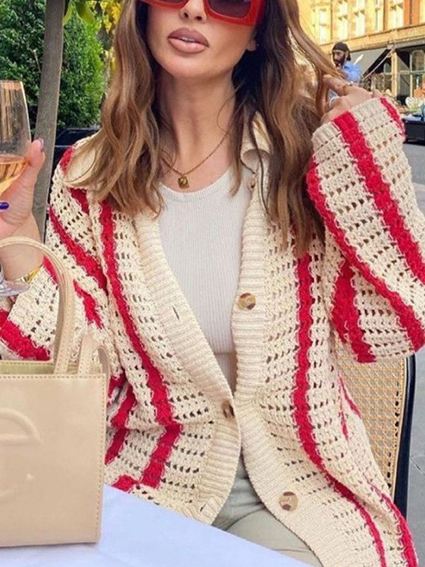 EMMIOL Polo Neck Striped Crochet Knit Cardigan