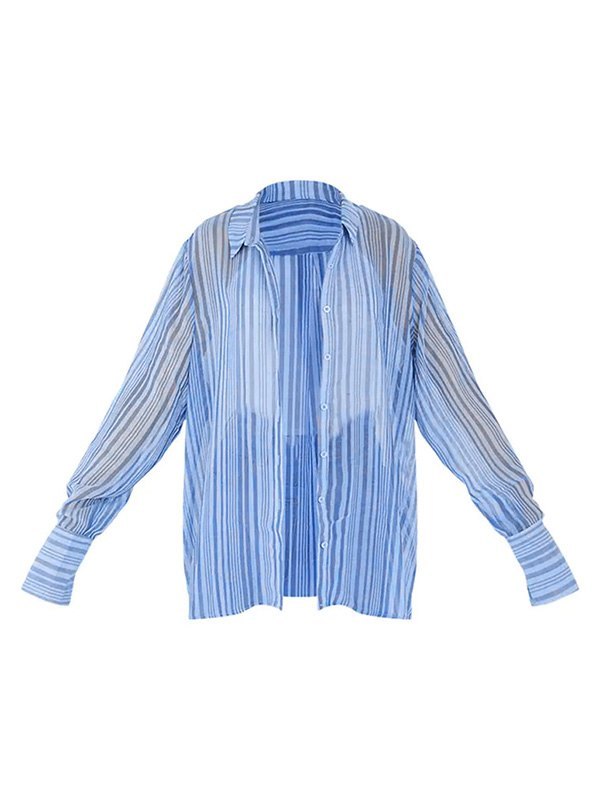 EMMIOL Blusa de rayas de manga larga transparente