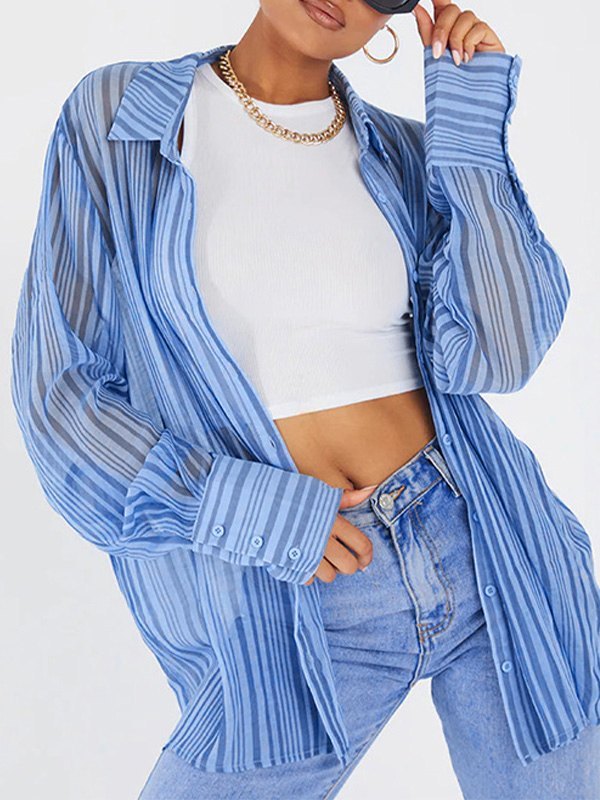 EMMIOL See Through Long Sleeve Stripe Blouse