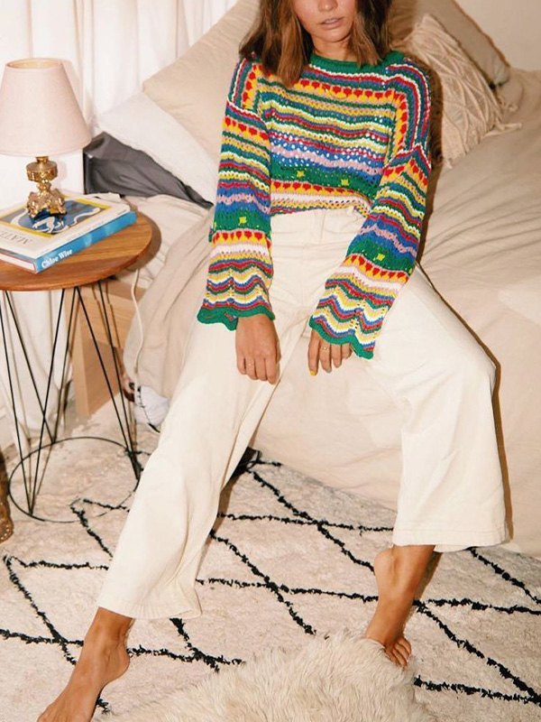 2022 Rainbow Stripe Crochet Knit Sweater Green M In Sweaters Online