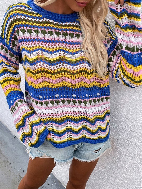 Emmiol Free shipping 2023 Rainbow Stripe Crochet Knit Sweater Blue L in