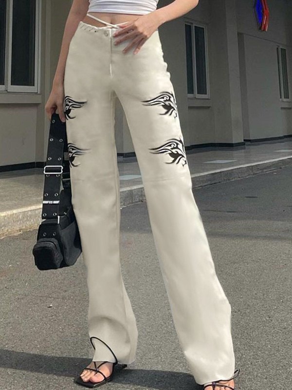 EMMIOL Pantalones de cintura alta con estampado de llamas