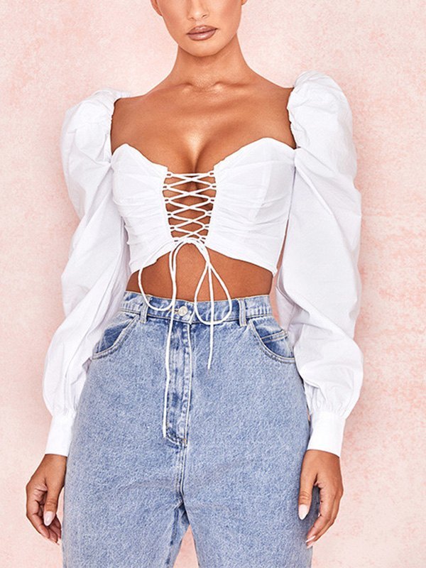 EMMIOL Blusa corta de manga larga con cordones