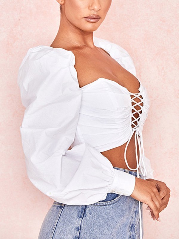 EMMIOL Blusa corta de manga larga con cordones