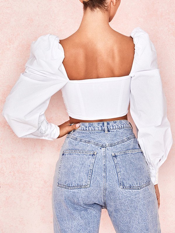 EMMIOL Blusa corta de manga larga con cordones
