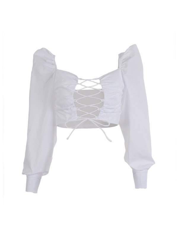 EMMIOL Blusa corta de manga larga con cordones