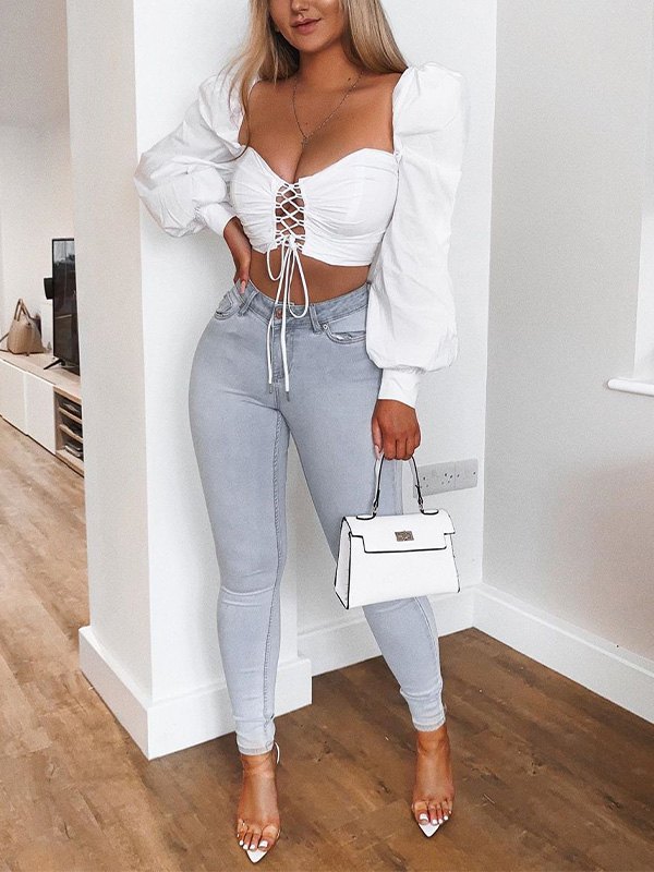 EMMIOL Blusa corta de manga larga con cordones