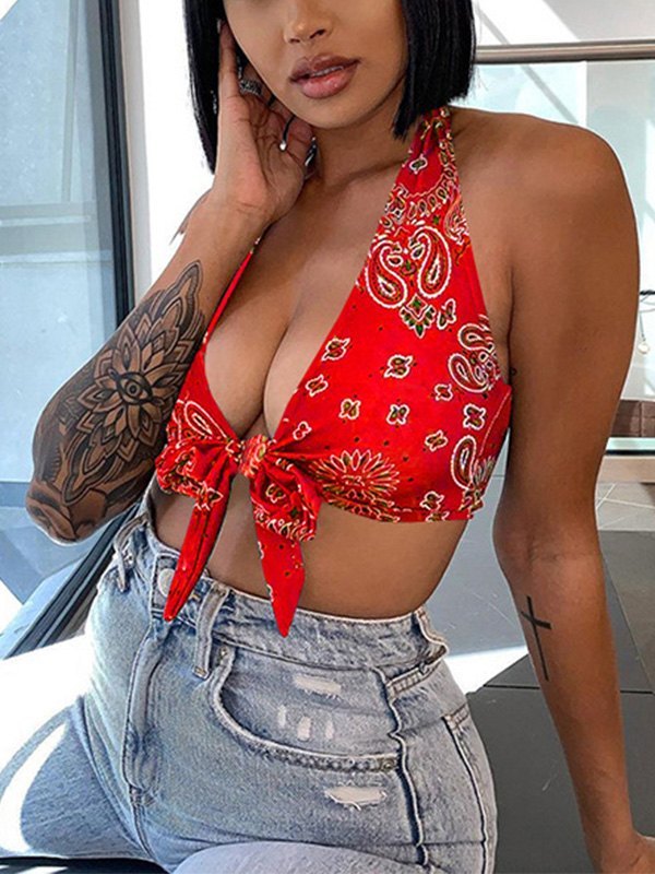EMMIOL Bandana Print Halter Crop Tank Top
