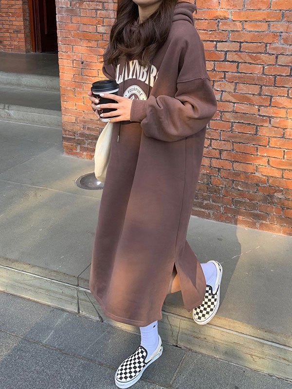 EMMIOL Split Long Sleeve Hooded Maxi Dress