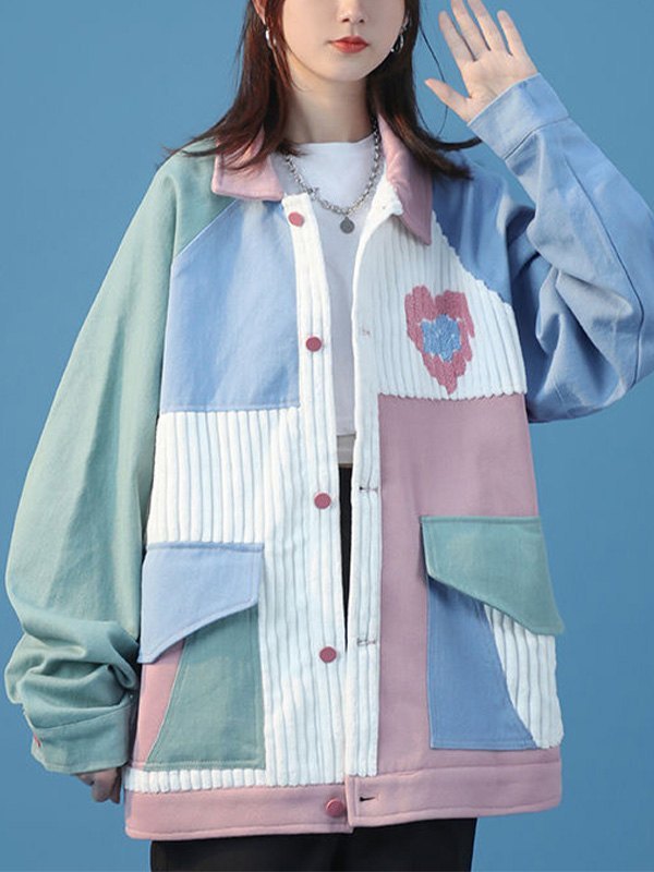 EMMIOL Patchwork Buttoned Corduroy Jacket