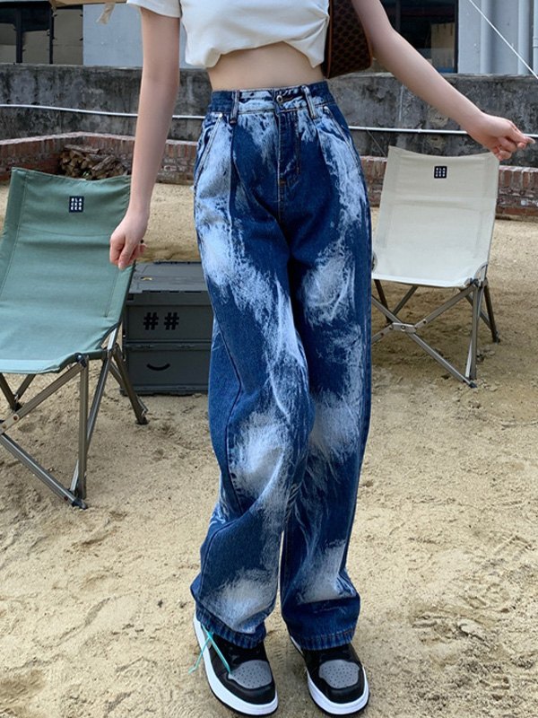 EMMIOL Gewaschene Boyfriend-Jeans mit Batikmuster