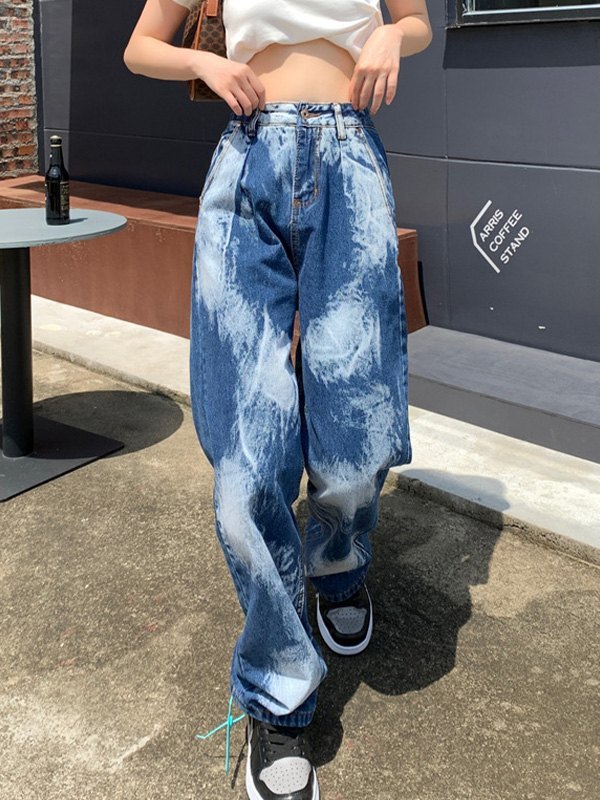 EMMIOL Gewaschene Boyfriend-Jeans mit Batikmuster