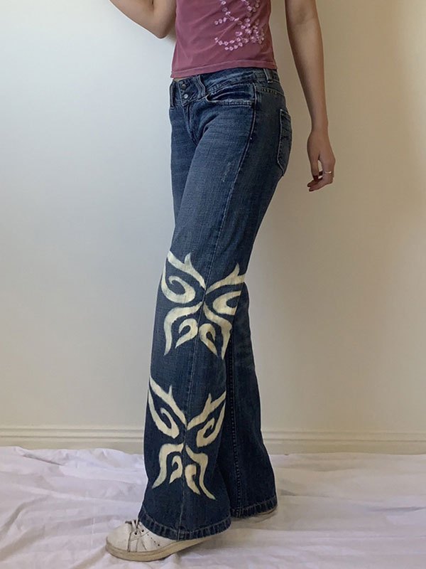 Emmiol Free shipping 2023 Butterfly Print Flare Jeans Blue S in Flare Jeans online store. EMMIOL