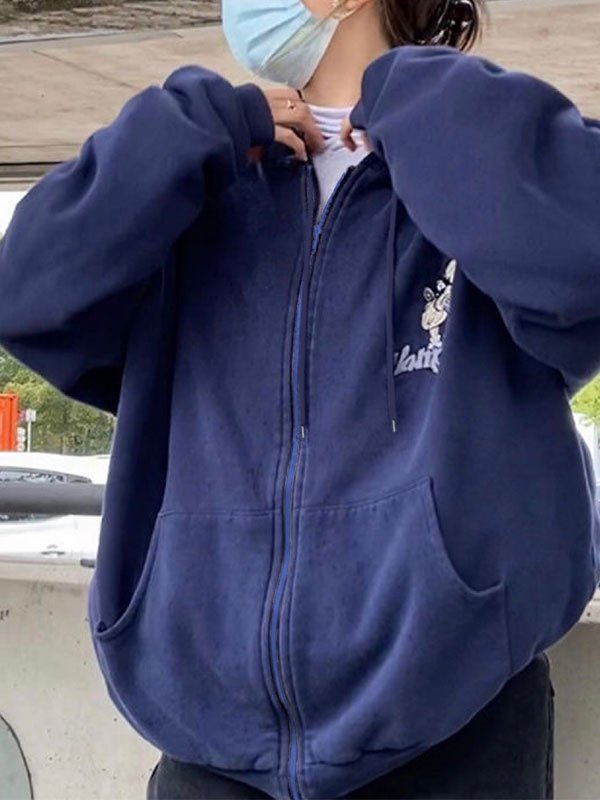 2022 Cartoon Print Zipper Hoodie Navy Blue M In Hoodies & Sweatshirts