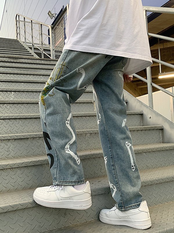 EMMIOL Men's Graffiti Print Distressed Jeans
