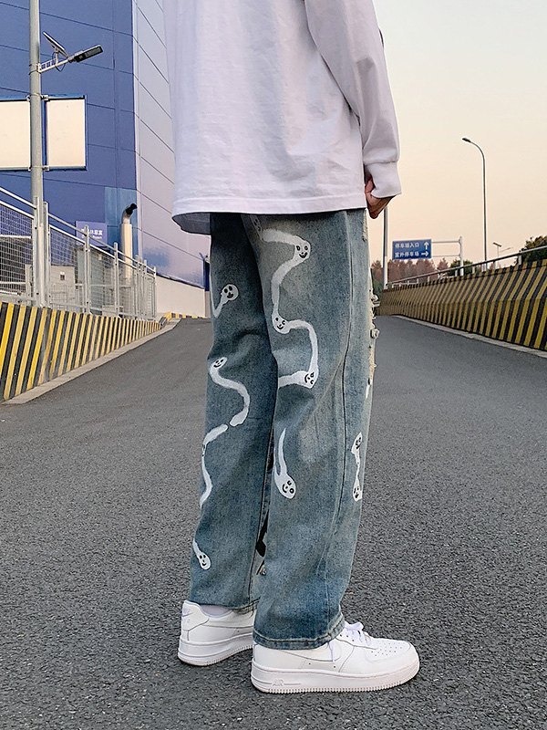 EMMIOL Men's Graffiti Print Distressed Jeans