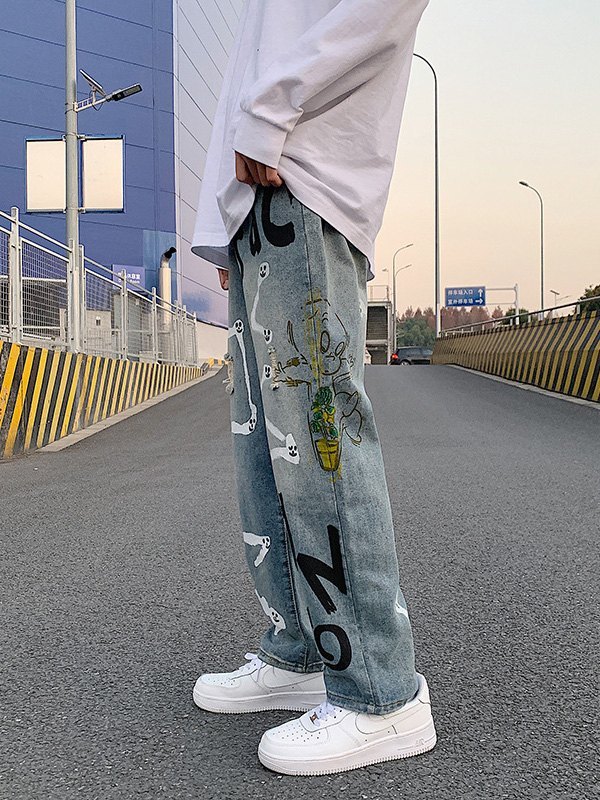 EMMIOL Men's Graffiti Print Distressed Jeans
