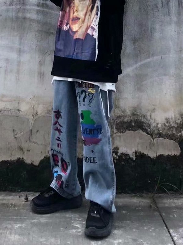 EMMIOL Men's Washed Graffiti Print Jeans