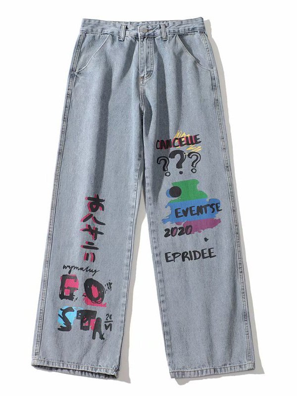 EMMIOL Men's Washed Graffiti Print Jeans