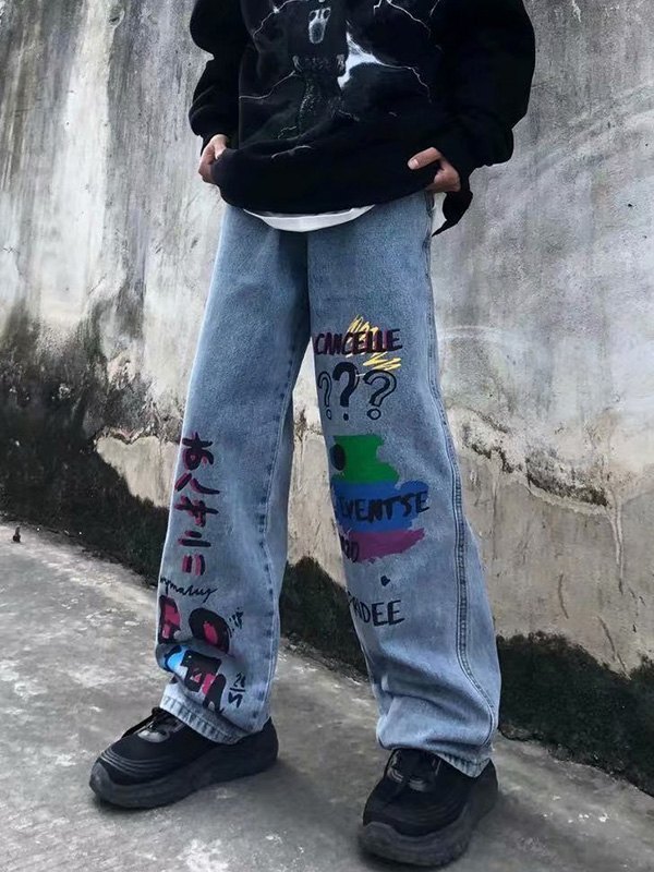 EMMIOL Men's Washed Graffiti Print Jeans