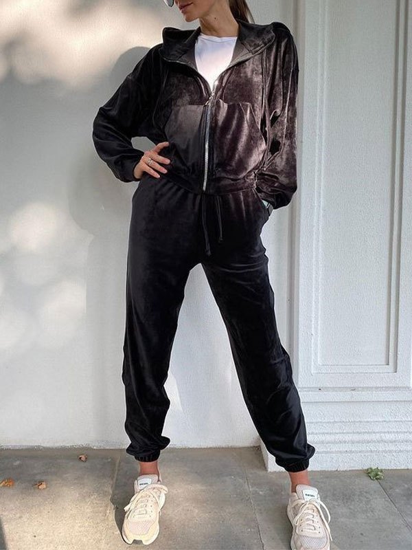 EMMIOL Velvet Long Sleeve Tracksuit Set