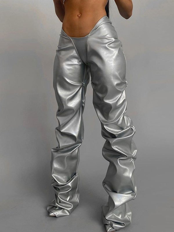 EMMIOL Stacked Low Waist Pu Leather Pants