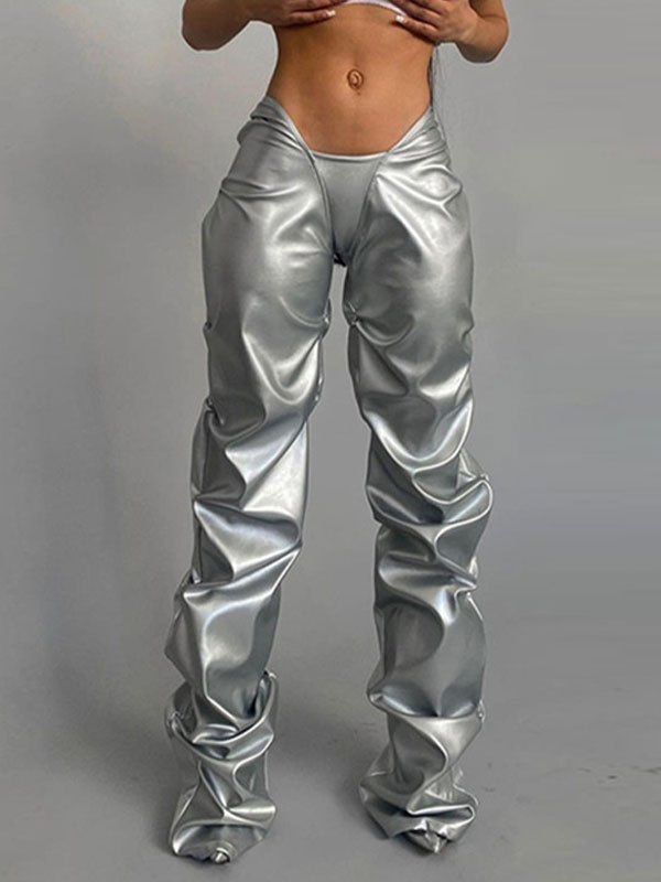 EMMIOL Stacked Low Waist Pu Leather Pants