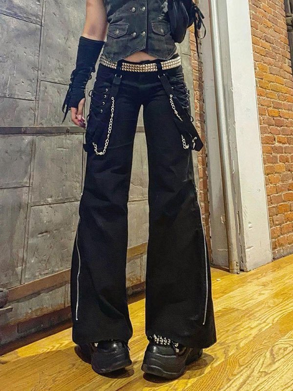 Emmiol Free shipping 2024 Chain Embellished Straight Leg Pants Black M