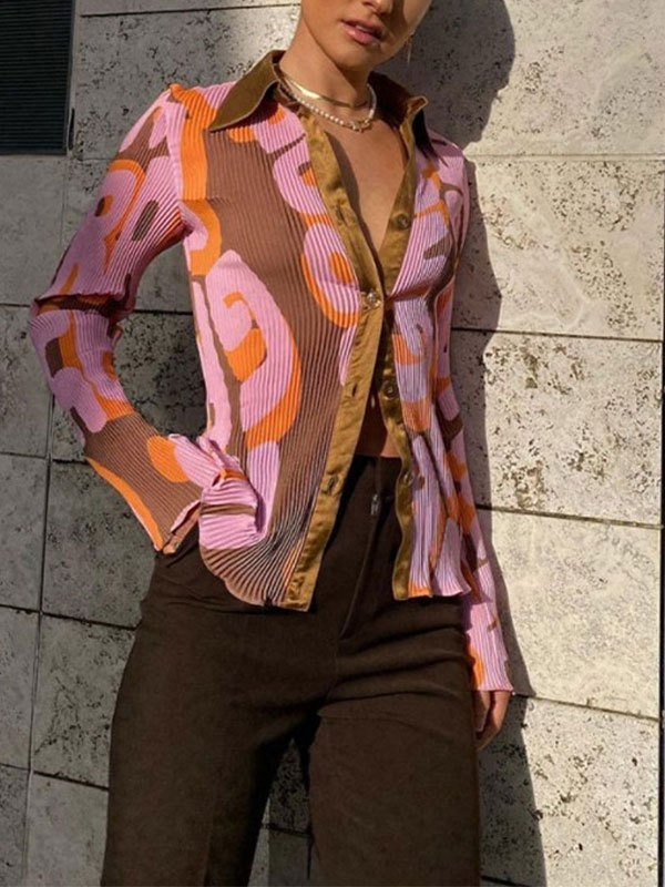 EMMIOL Blusa plisada de manga larga estampada