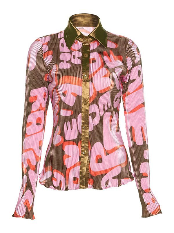 EMMIOL Blusa plisada de manga larga estampada