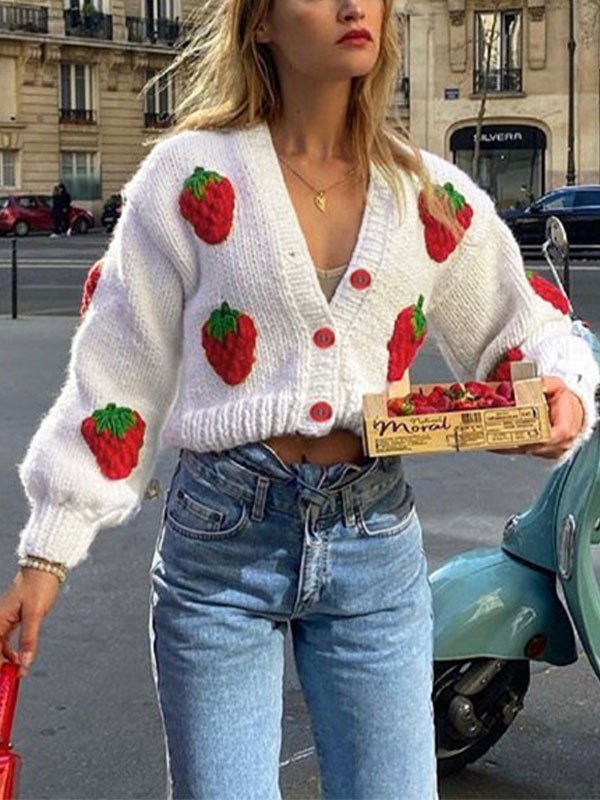 EMMIOL Strawberry Crochet Knit Crop Cardigan