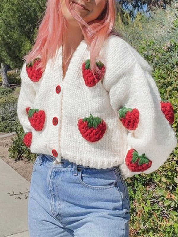 EMMIOL Strawberry Crochet Knit Crop Cardigan