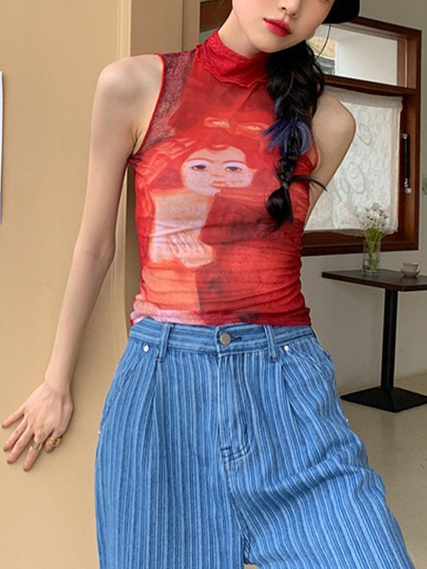 EMMIOL Rollkragen-Tanktop mit Mesh-Print