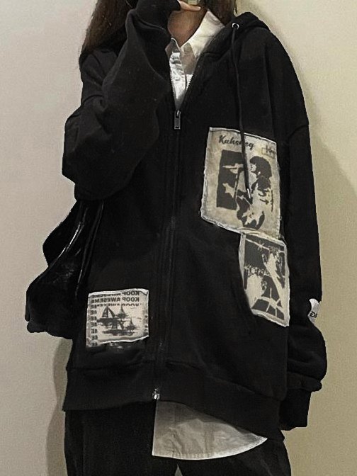 Emmiol Free shipping 2023 Patched Detail Zipper Hoodie Black M in Hoodies u0026  Sweatshirts online store. | EMMIOL