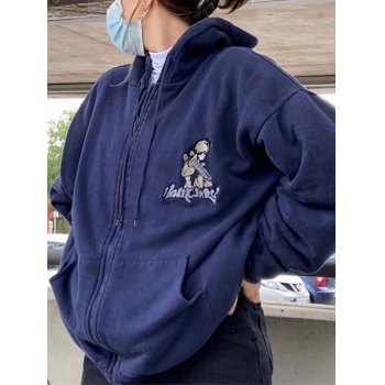 2022 Cartoon Print Zipper Hoodie Navy Blue M In Hoodies & Sweatshirts